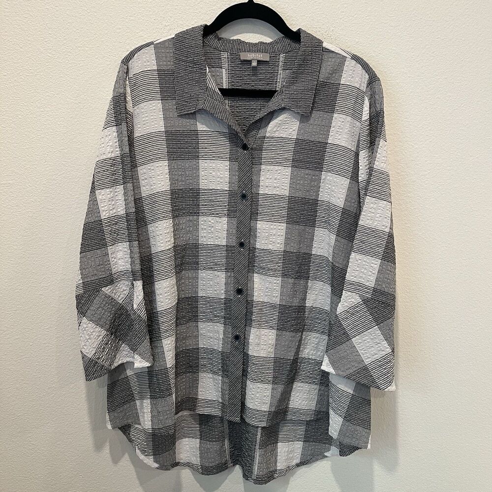 Habitat Button Down Large Gray White Plaid Crinkle Texture Pockets Lagenlook